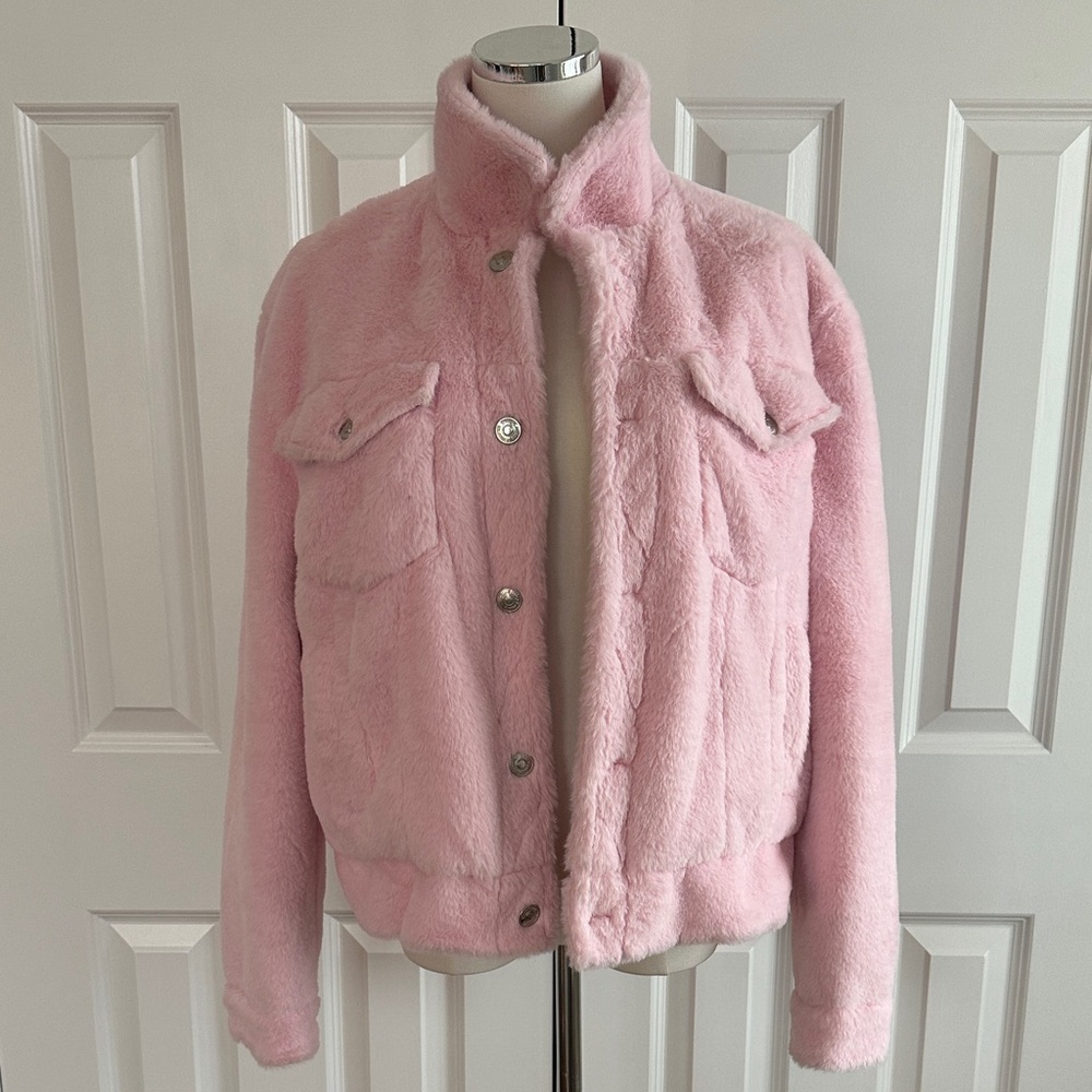 Juicy Couture Y2K Pink Foux Fur Teddy Cozy Plush Trucker Bomber Jacket Size L